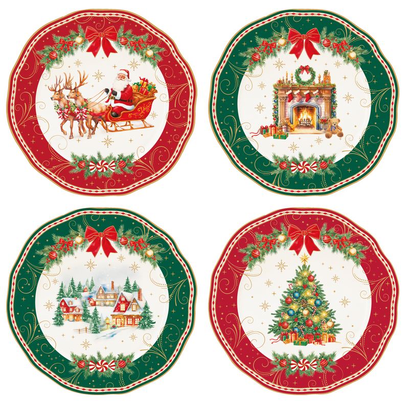 EASY LIFE Set 4 Piatti Dessert Natalizi Christmas Heritage in Porcellana 20 cm