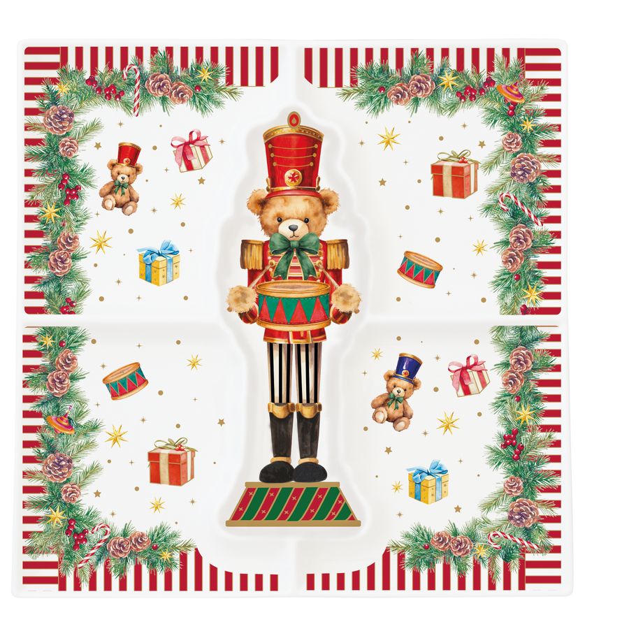 EASY LIFE Vassoio Aperitivi Natalizio a Scomparti Christmas Teddy in Porcellana 25x25cm