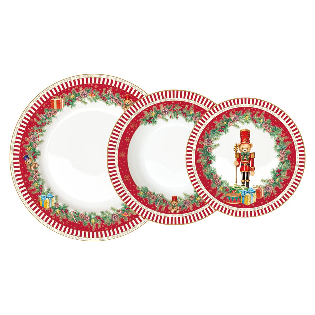 EASY LIFE Servizio Piatti Natalizio 18 Pezzi Christmas Teddy in Porcellana 26,5cm
