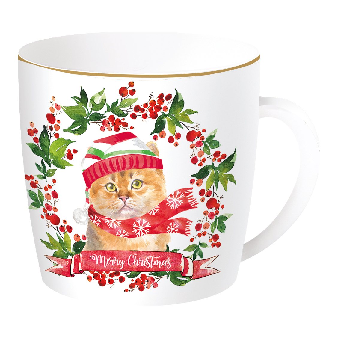 EASY LIFE Tazza Natalizia Christmas Cats Gatto con Berretto a Righe in Porcellana con Scatola di Latta 350ml