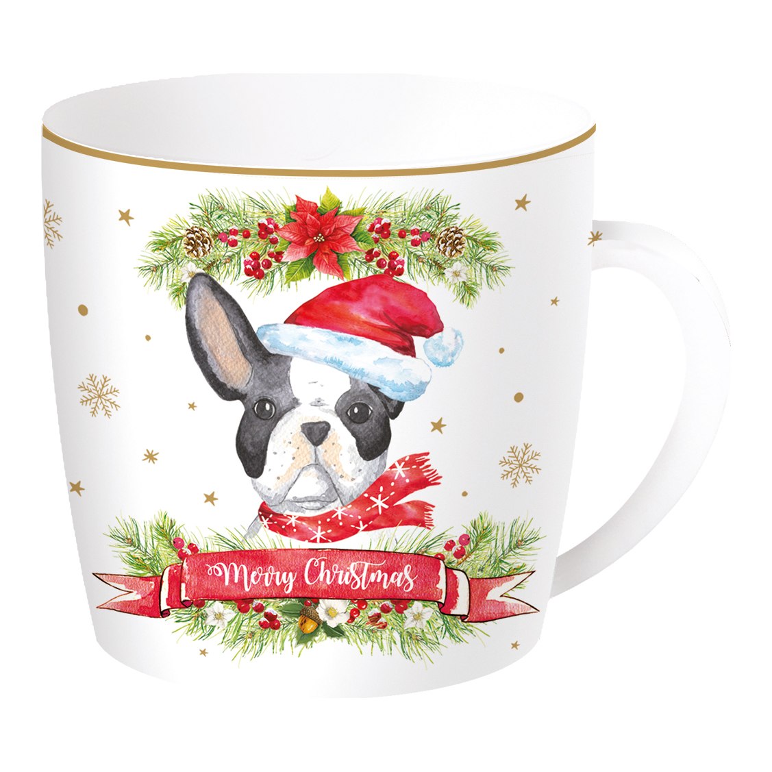 EASY LIFE Tazza Natalizia Christmas Dogs Bulldog Francese in Porcellana con Scatola di Latta 350ml