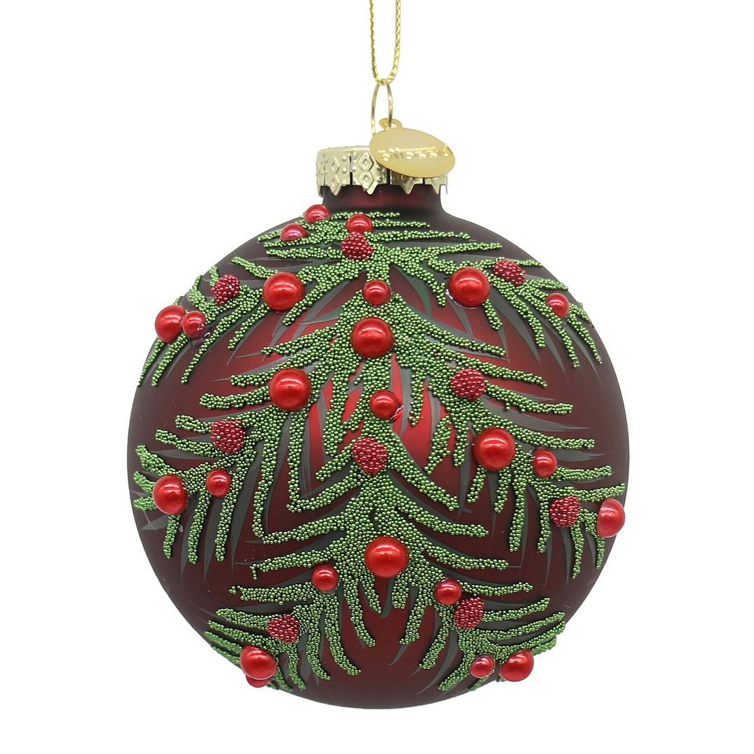 BIZZOTTO Pallina di Natale in Vetro Rossa con Rametti di Abete 8 cm