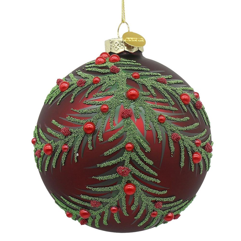 BIZZOTTO Pallina di Natale in Vetro Rossa con Rametti di Abete 10 cm