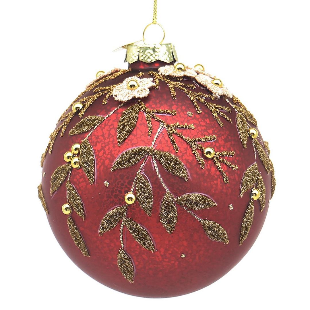 BIZZOTTO Pallina di Natale in Vetro Rossa con Vischio e Fiori 10 cm