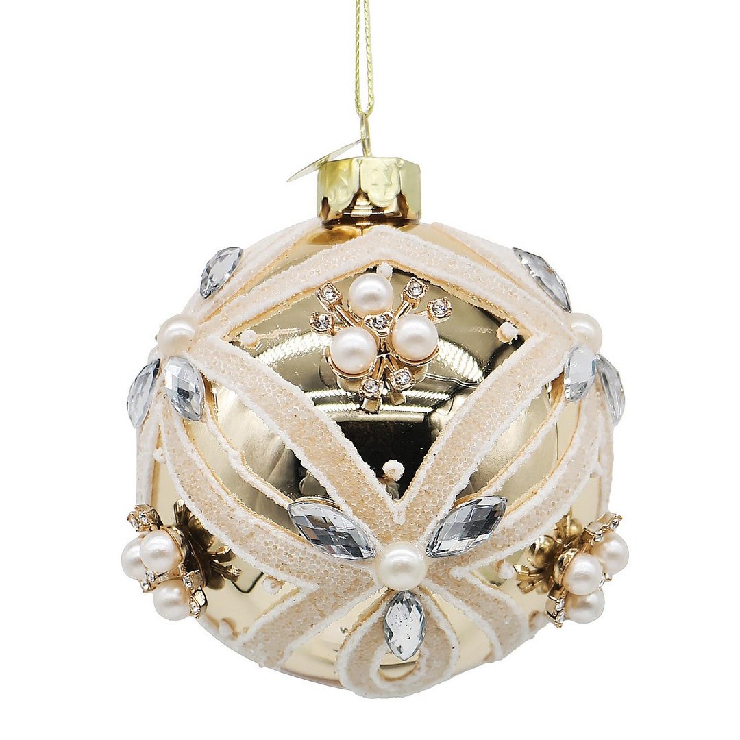 BIZZOTTO Pallina di Natale in Vetro Oro con Perle e Cristalli 8 cm
