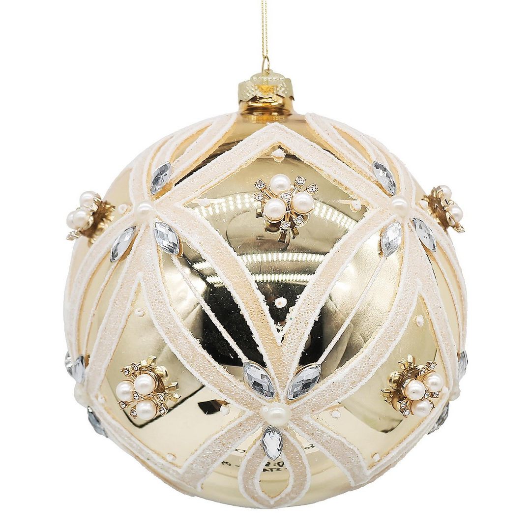 BIZZOTTO Pallina di Natale in Vetro Oro con Perle e Cristalli 15 cm