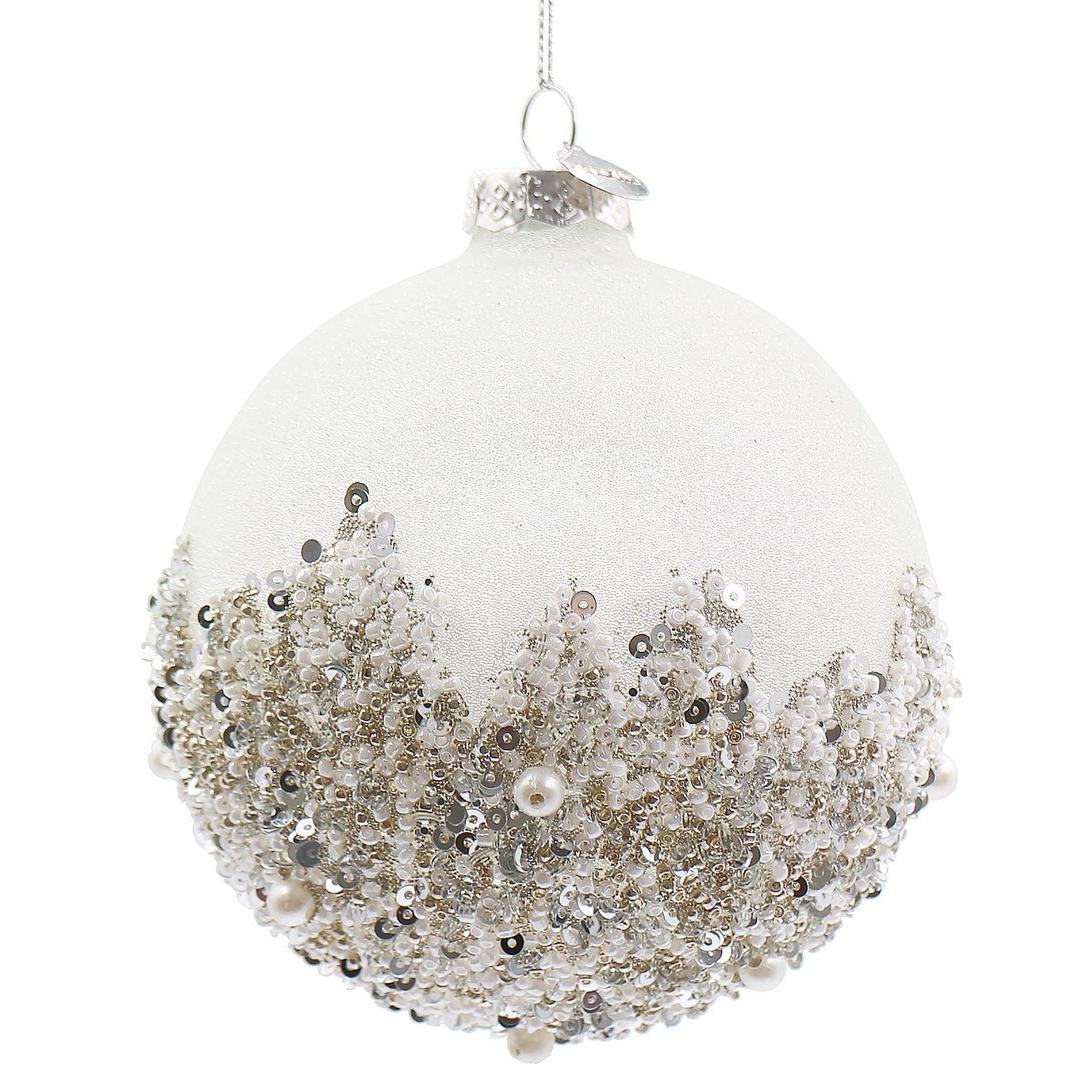BIZZOTTO Pallina di Natale in Vetro Bianca con Paillettes Argento 10 cm