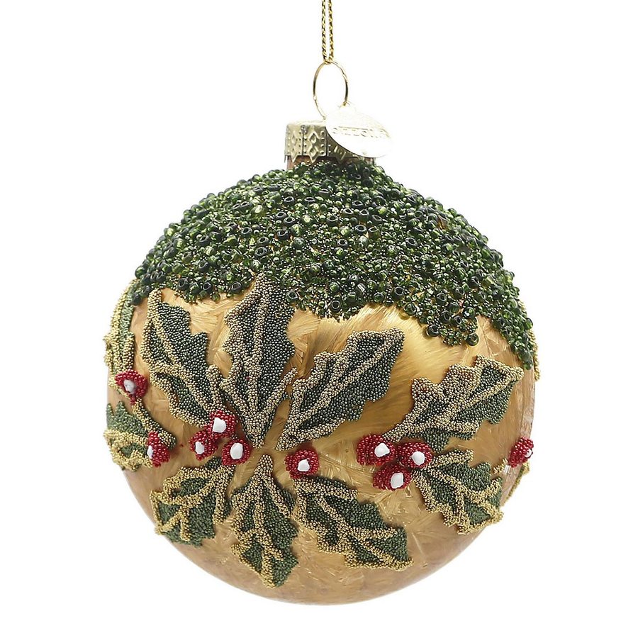 BIZZOTTO Pallina di Natale in Vetro Oro con Agrifoglio e Bacche 8 cm