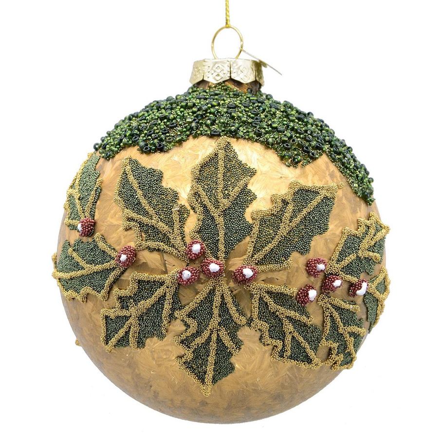 BIZZOTTO Pallina di Natale in Vetro Oro con Agrifoglio e Bacche 10 cm