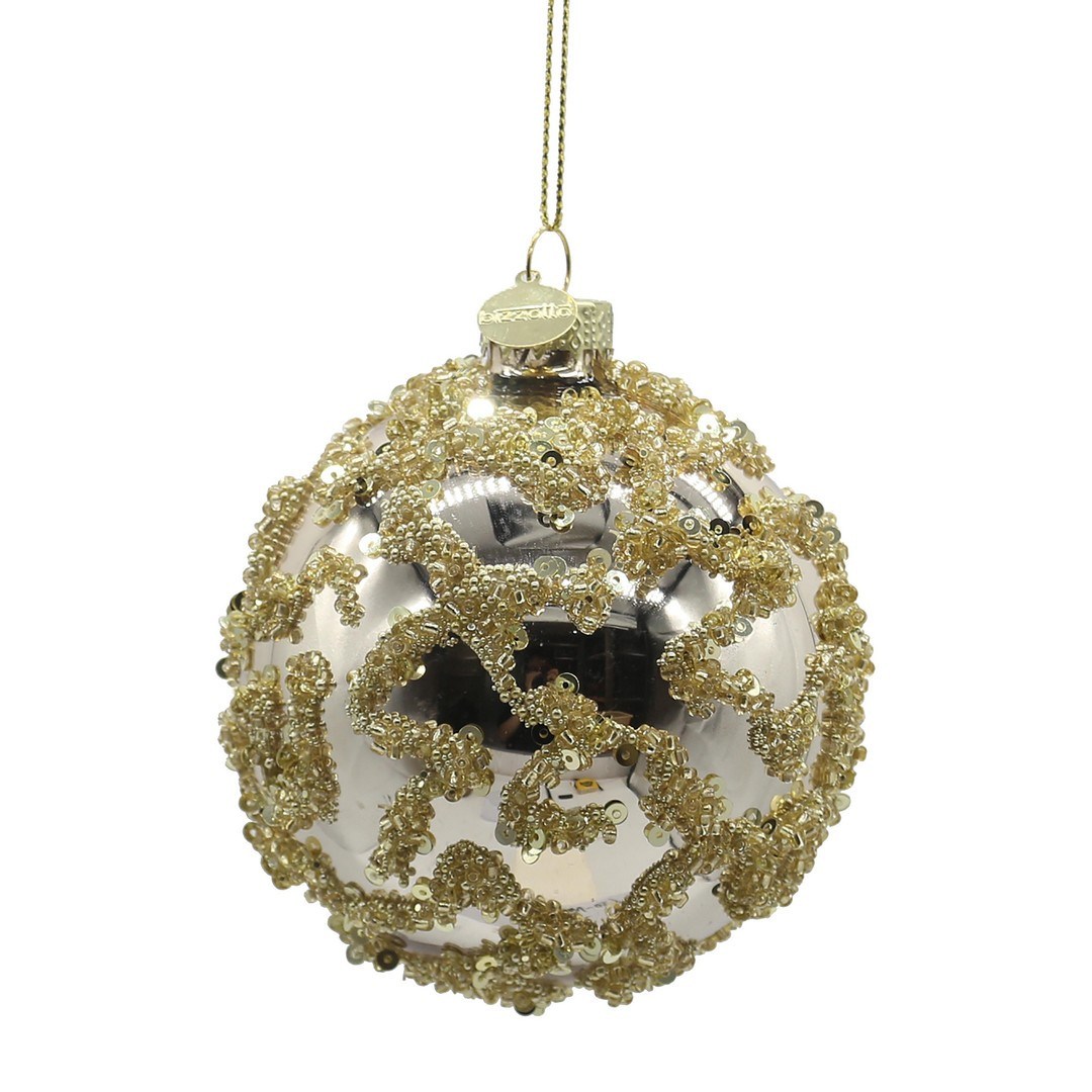 BIZZOTTO Pallina di Natale in Vetro Champagne con Foglie Dorate 8 cm