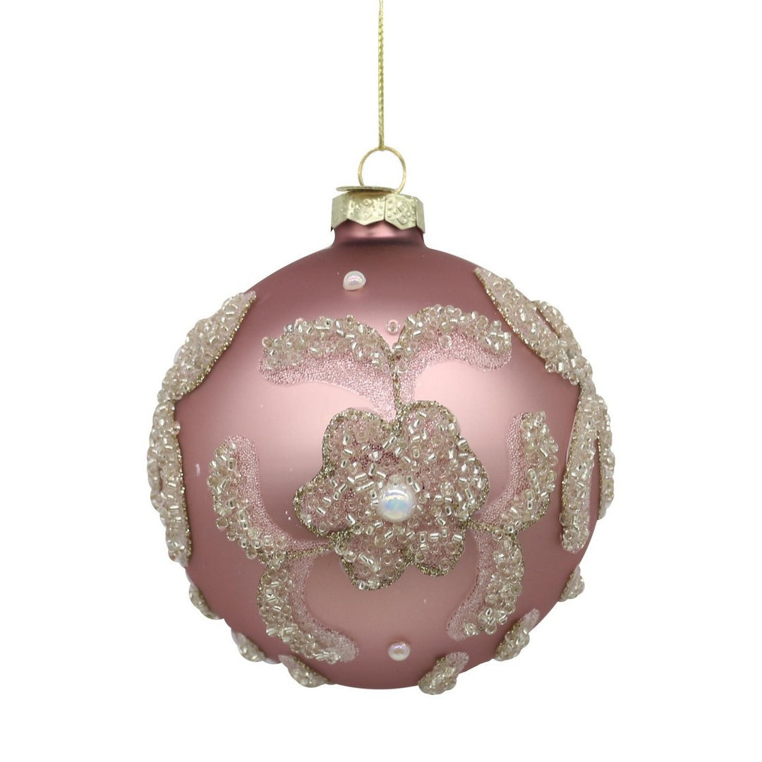 BIZZOTTO Pallina di Natale in Vetro Rosa con Fiore e Cristalli 10 cm