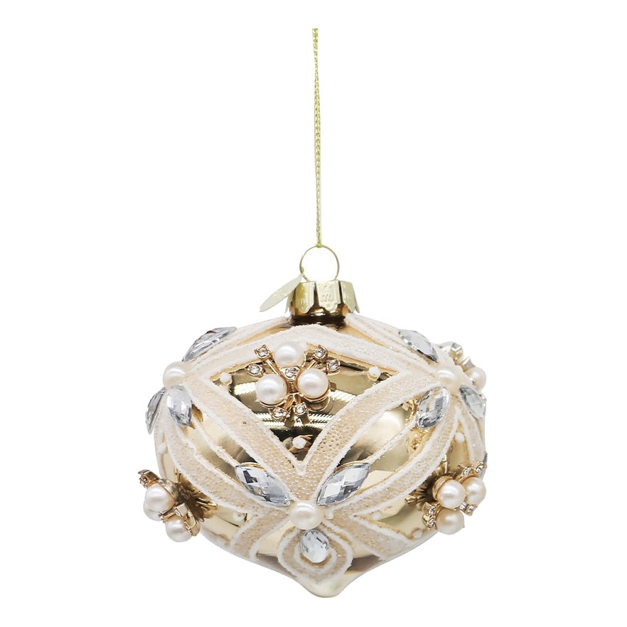 BIZZOTTO Pendaglio di Natale in Vetro Oro a Sfera con Perle e Cristalli 9,2 cm