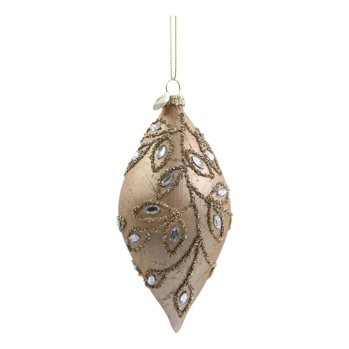 BIZZOTTO Pendaglio di Natale in Vetro Champagne a Fuso con Foglie Gioiello 13,5 cm