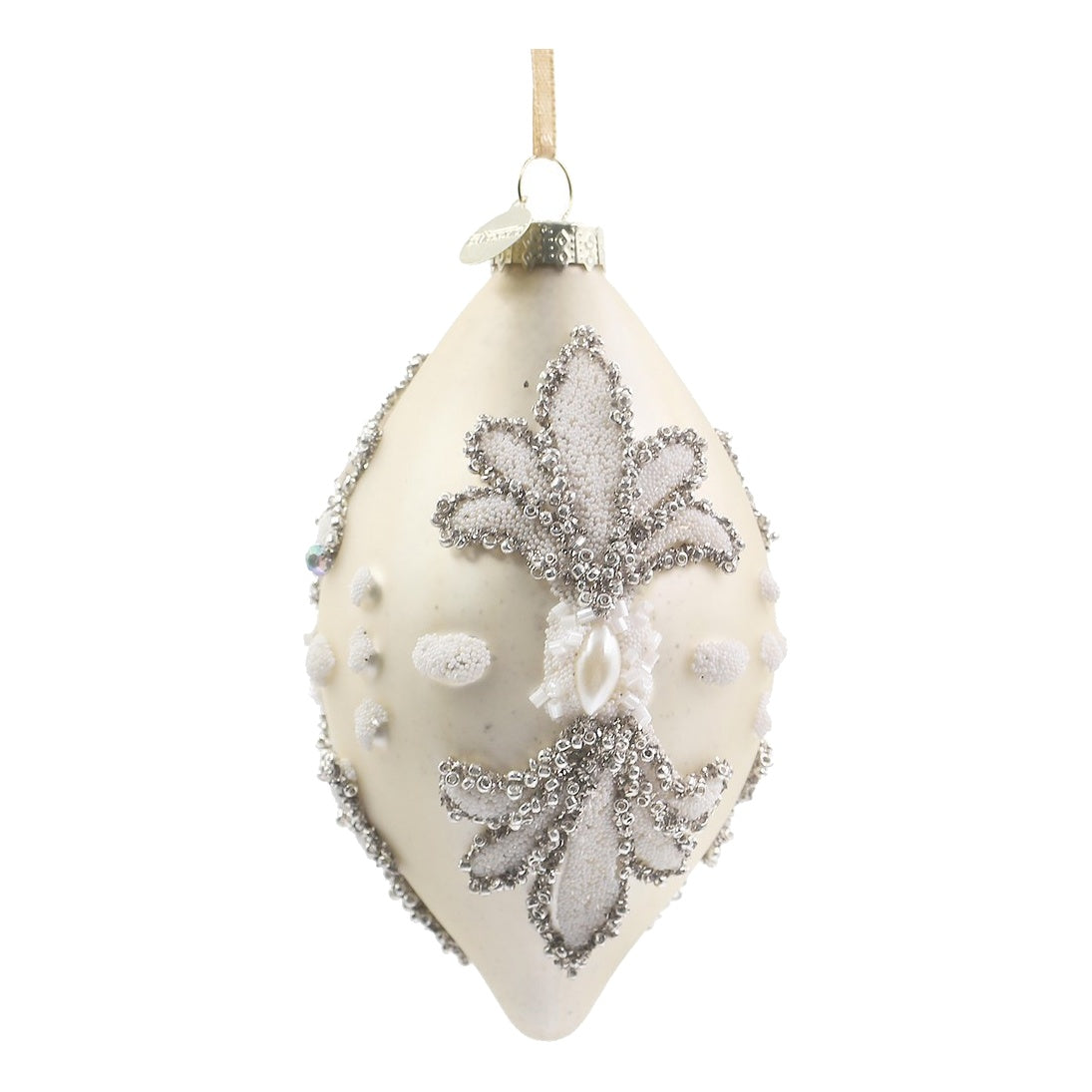 BIZZOTTO Pendaglio di Natale in Vetro Champagne a Fuso con Ricami Argento 13,5 cm