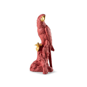 Pappagallo Ara Lladrò in porcellana rosso corallo e dettagli oro 45x22 cm