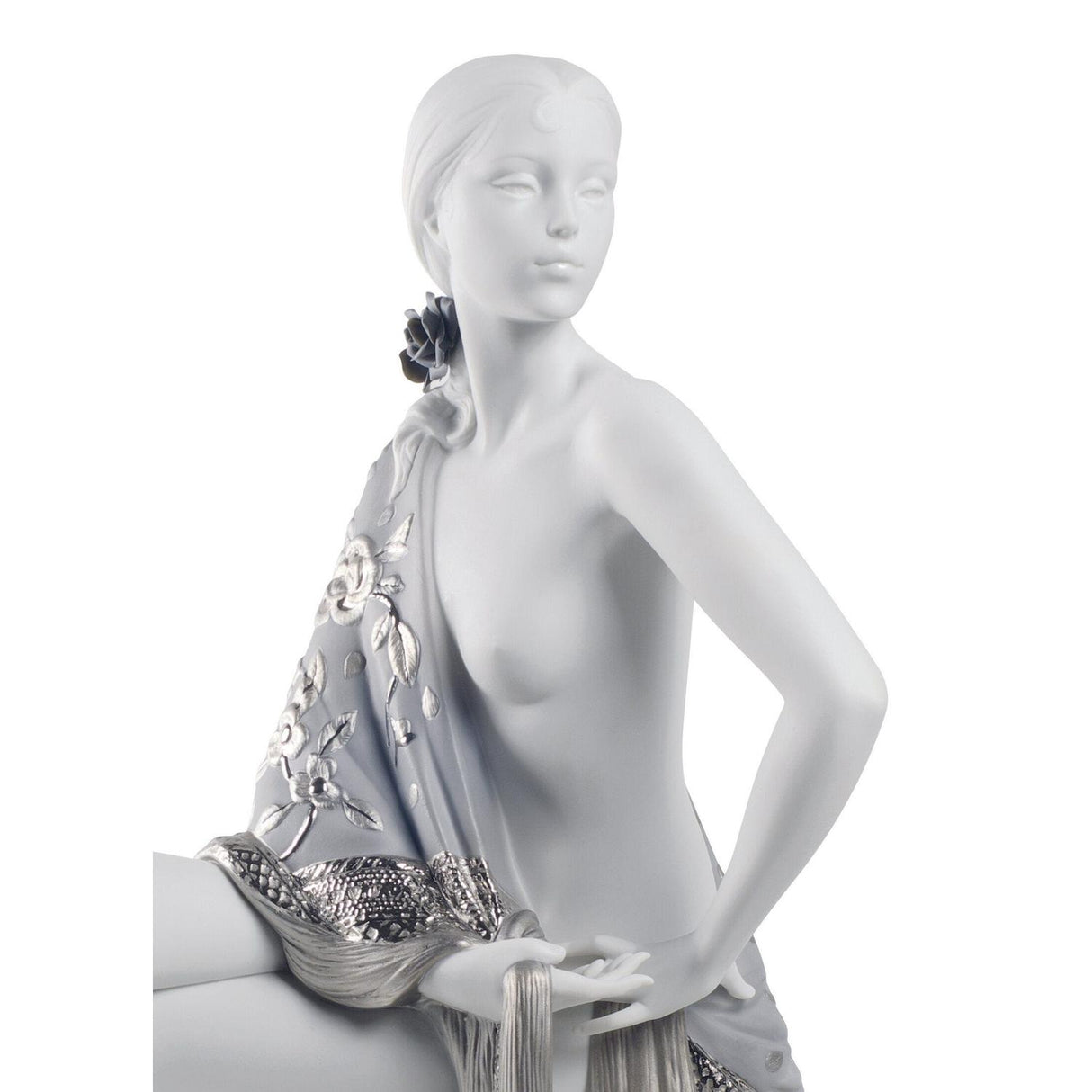 Lladró Figurina Donna Nudo con Scialle Lustro Argento 43x30cm Porcellana