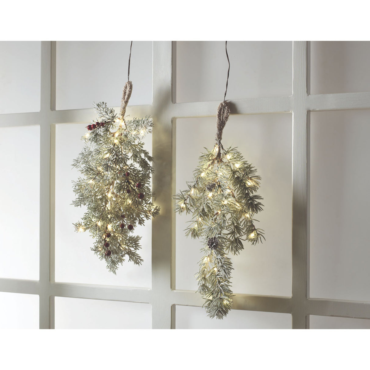 MASCAGNI CASA - Ramo Abete Innevato Natale H 50 cm c/ 40 Luci e Pigne Addobbi Natalizi