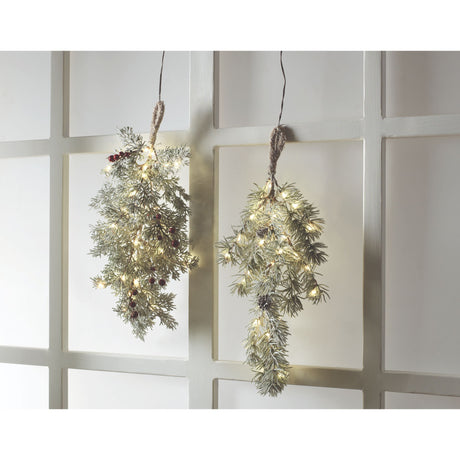 MASCAGNI CASA - Ramo Abete Innevato Natale H 50 cm c/ 40 Luci e Pigne Addobbi Natalizi
