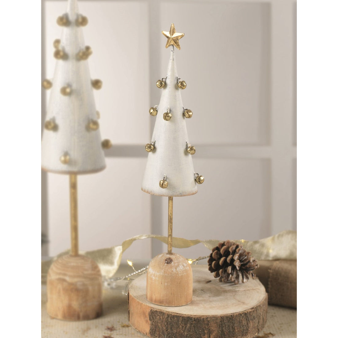 MASCAGNI CASA - Albero di Natale Metallo con Campanelle H 33 cm Decorazione Natalizia Bianco Oro