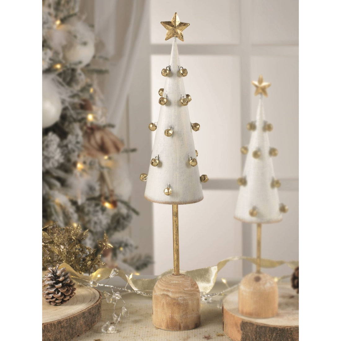 MASCAGNI CASA - Albero di Natale Metallo con Campanelle H 44 cm Decorazione Natalizia Bianco Oro