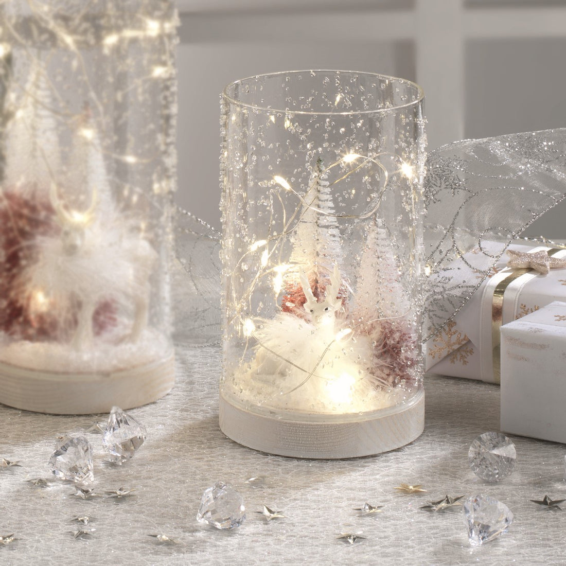 MASCAGNI CASA - Bicchiere Vetro Led con Albero e Cervo Bianco H 16 cm Decorazione Natale