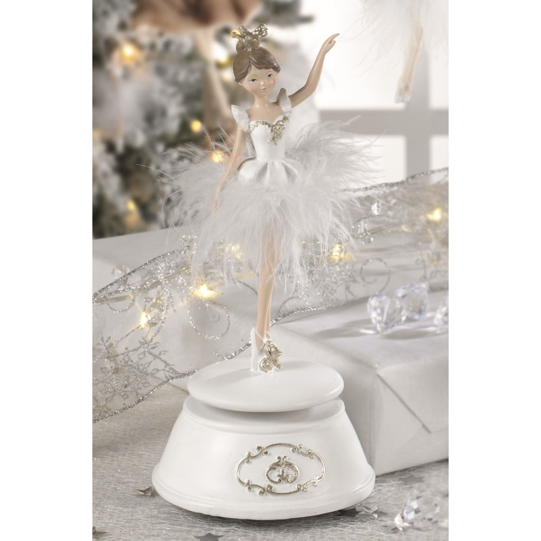 MASCAGNI CASA - Ballerina Carillon Decorazione con Piume Natalizia 22 cm Resina Bianco Natale