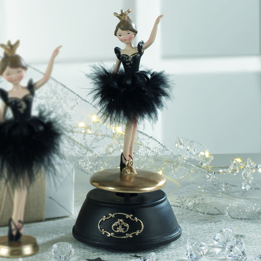 MASCAGNI CASA - Ballerina Carillon Decorazione con Piume Natalizia 22 cm Resina Nero Natale