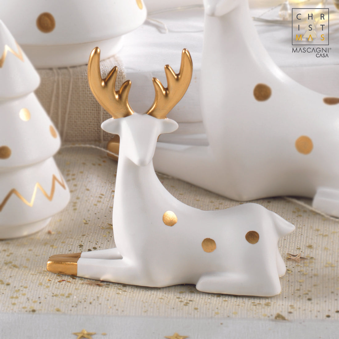 MASCAGNI CASA - Cervo di Natale Decorazione Natalizia Bianco Oro 15,3 cm Ceramica