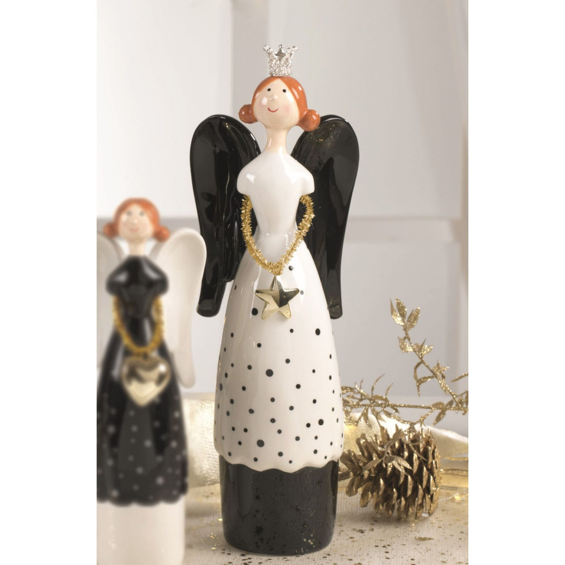 MASCAGNI CASA - Angelo di Natale Decorazione Natalizia Nero Oro Bianco 30,2 cm Ceramica