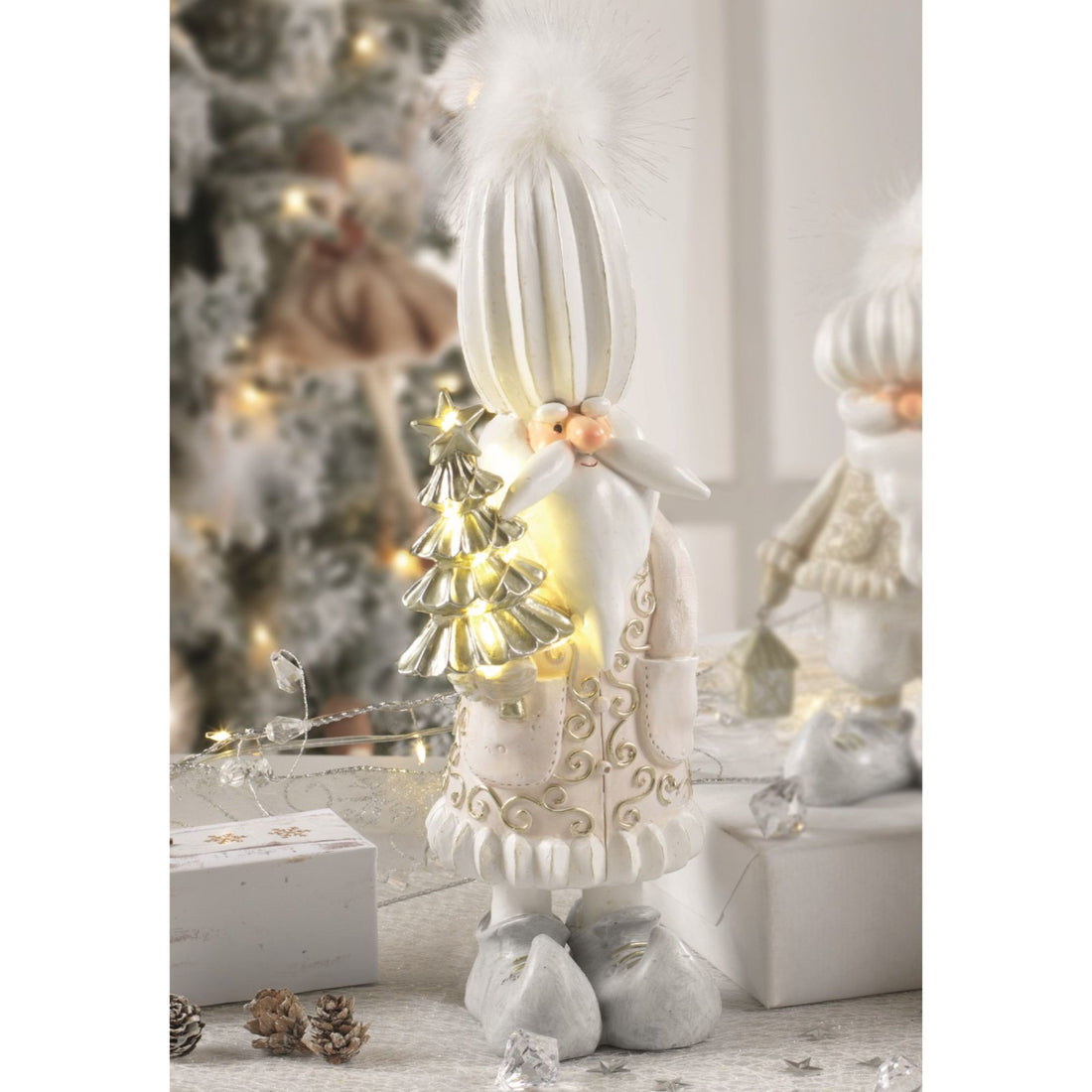 MASCAGNI CASA - Babbo Natale LED Bianco c/ Piume Decorazione Natalizia 31 cm Resina