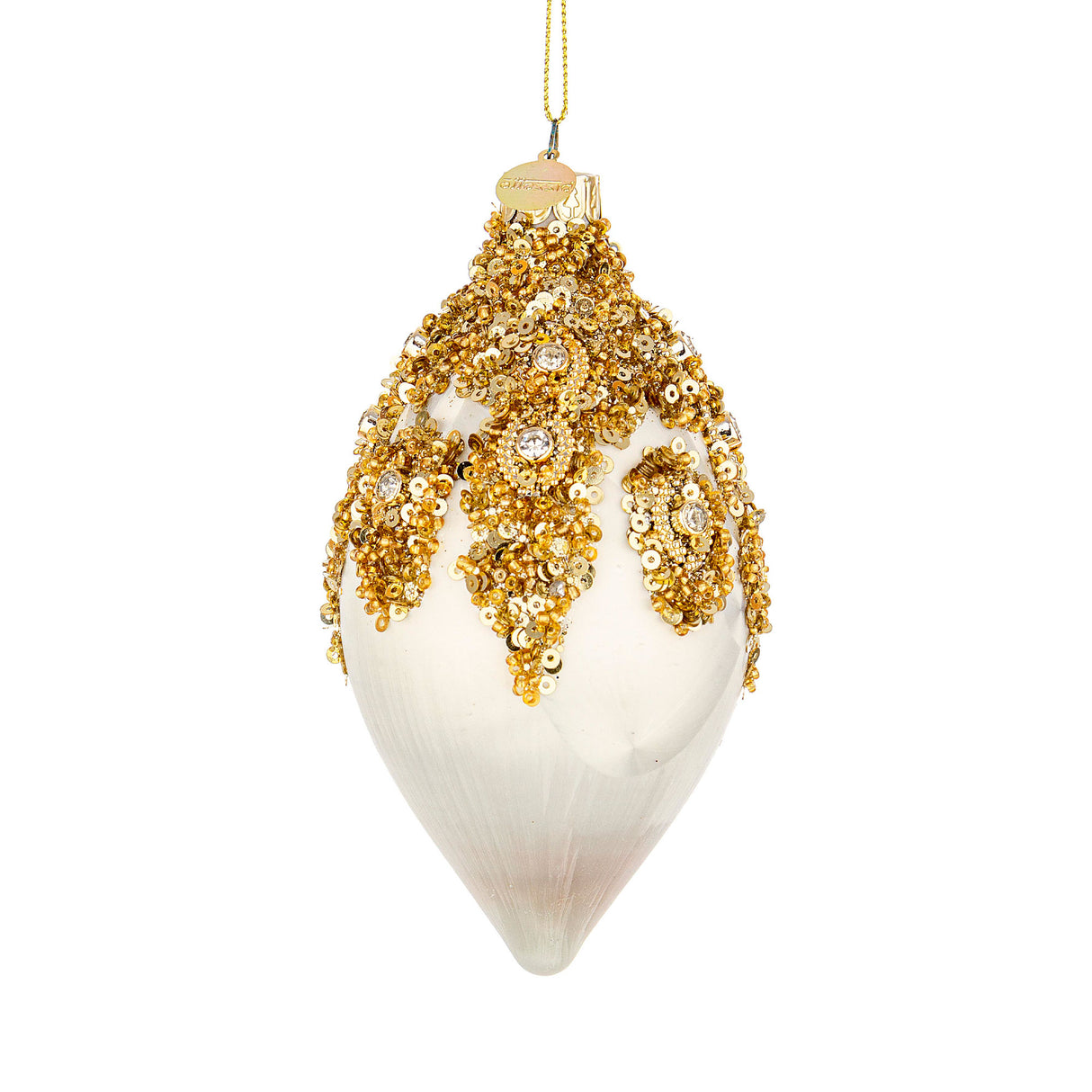 BIZZOTTO Pendaglio Pallina Albero di Natale in Vetro Melissa Paillettes 13x6,5cm Bianco Oro