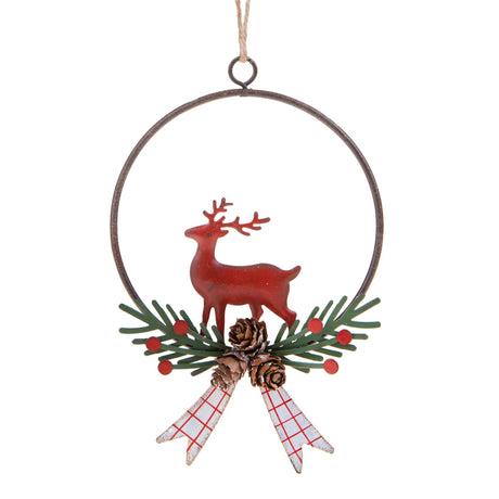 BIANCHI DINO Pendaglio Coroncina con Renna 16cm Rosso Metallo Addobbi di Natale