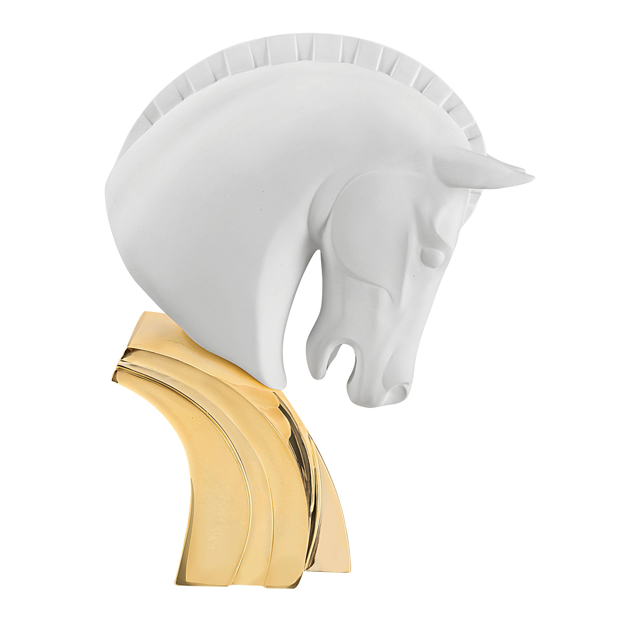 BONGELLI PREZIOSI Figura Statua Testa di Cavallo 16cm Marmorino Bianco Base Oro