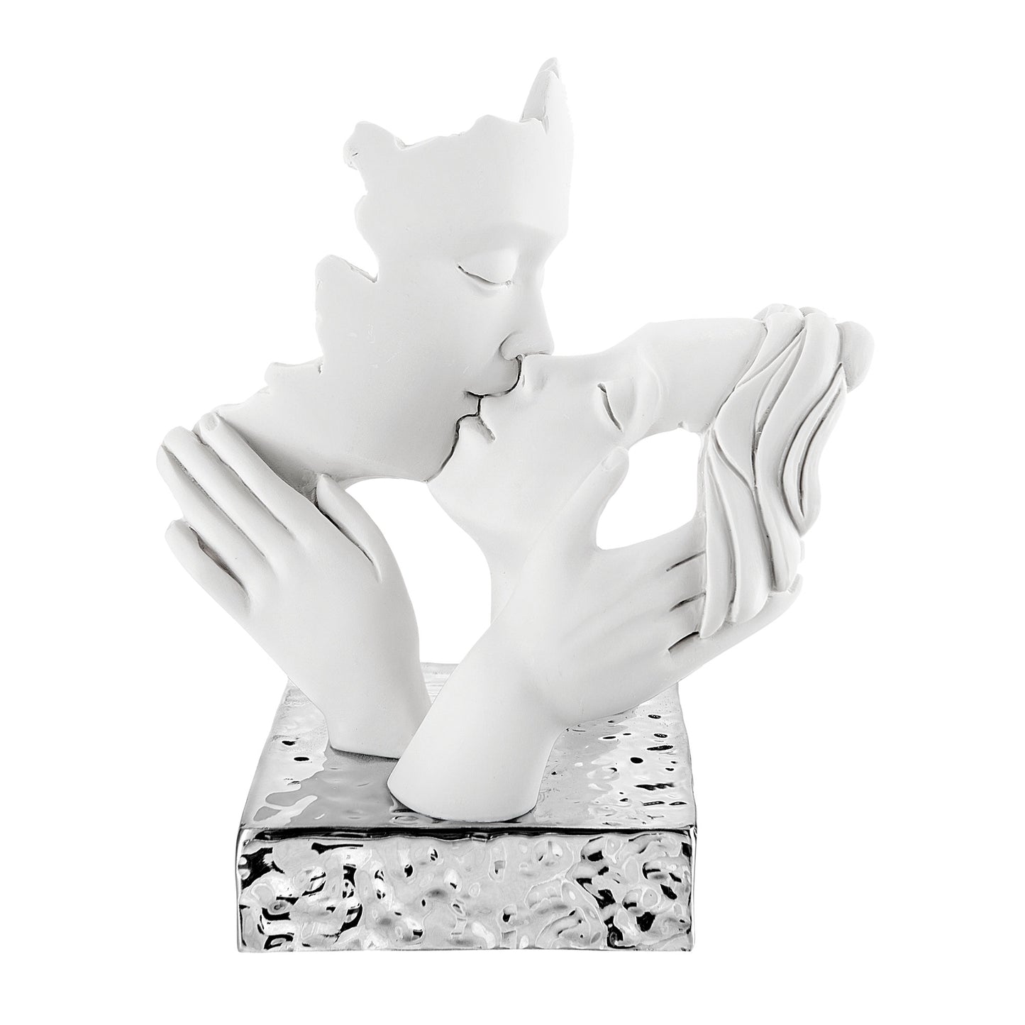 BONGELLI PREZIOSI - Statua Figura Moderna Coppia Face Bianco Argento 14x11cm Marmorino