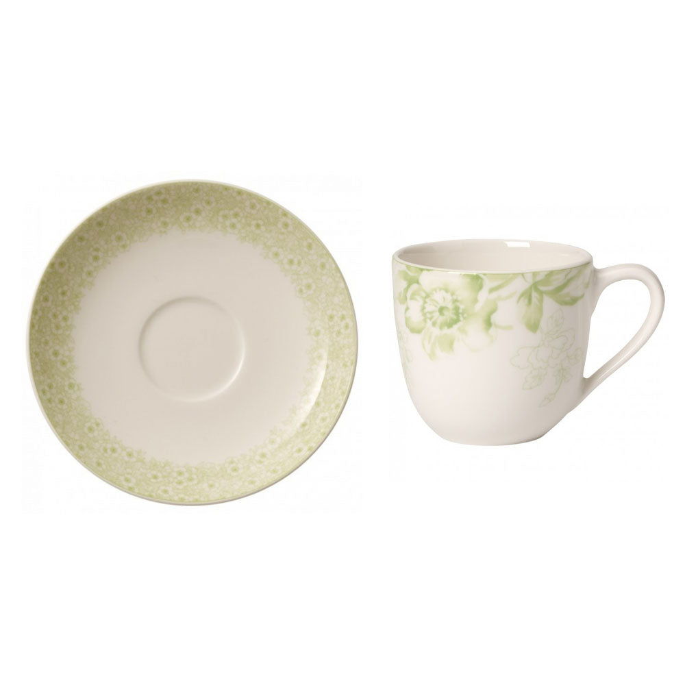 Villeroy &amp; Boch Floreana Green Green White Espresso Cup w/Saucer Set 6 Pieces Porcelain