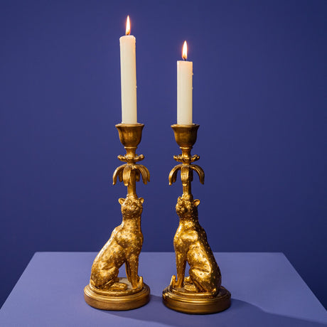 WERNS Set 2 Pezzi Candelieri Leopardi 28cm Oro Resina