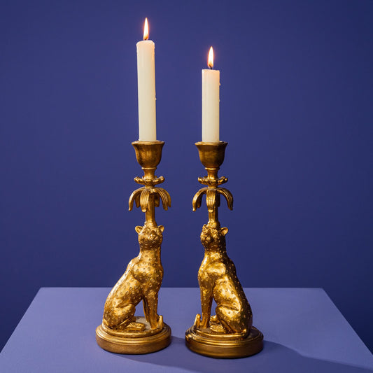WERNS Set 2 Pezzi Candelieri Leopardi 28cm Oro Resina