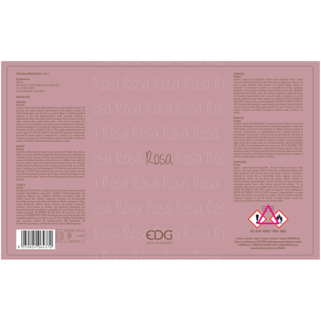 EDG Enzo De Gasperi Ricarica Refill Lux Profumatore Diffusore 1 Litro Rosa