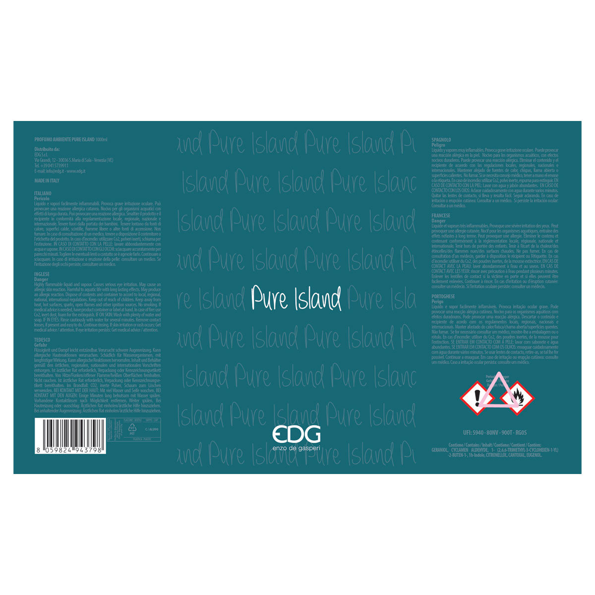 EDG Enzo De Gasperi Ricarica per Diffusore Profumatore 1 Litro Pure Island