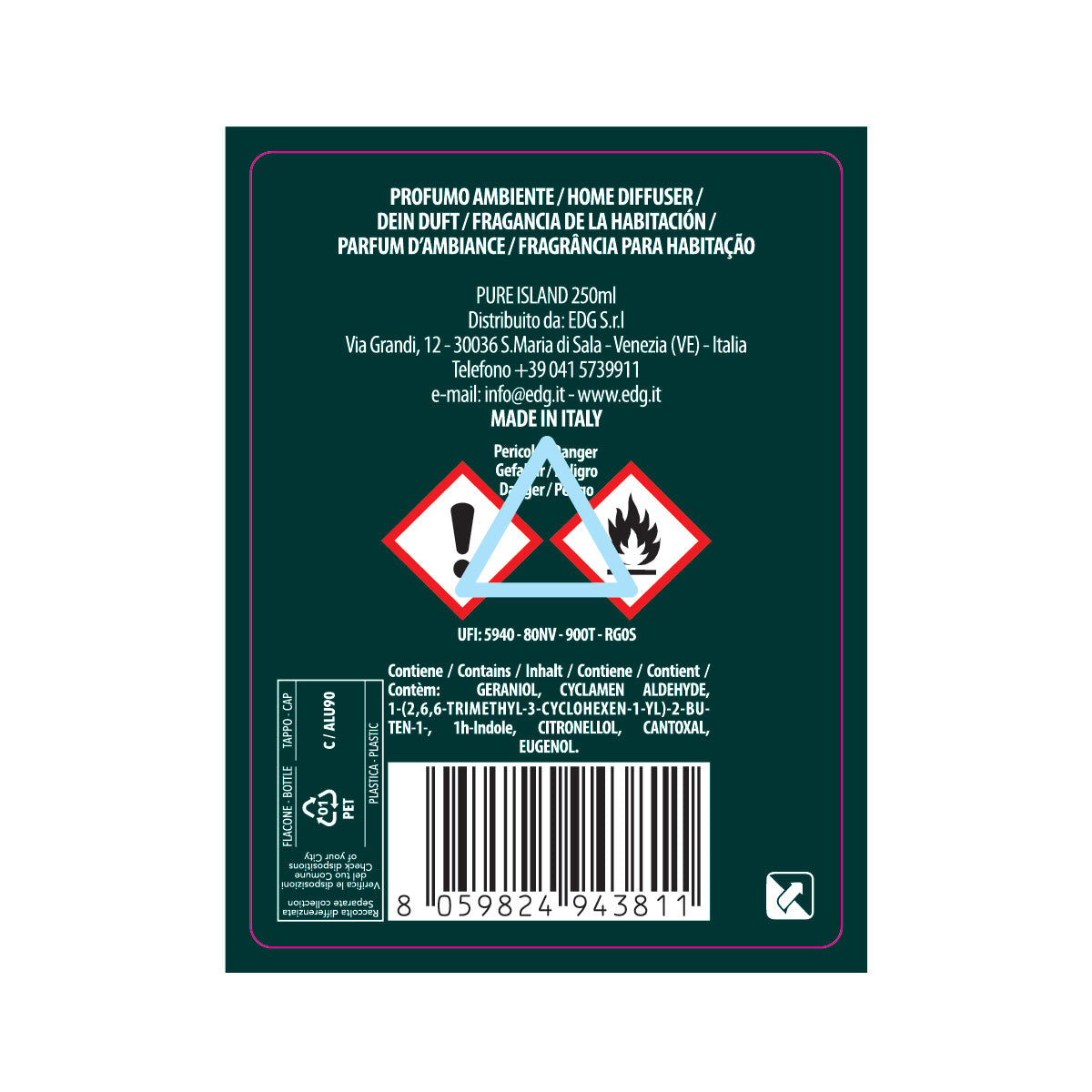 EDG Enzo De Gasperi Ricarica per Diffusore Profumatore 250ml Pure Island