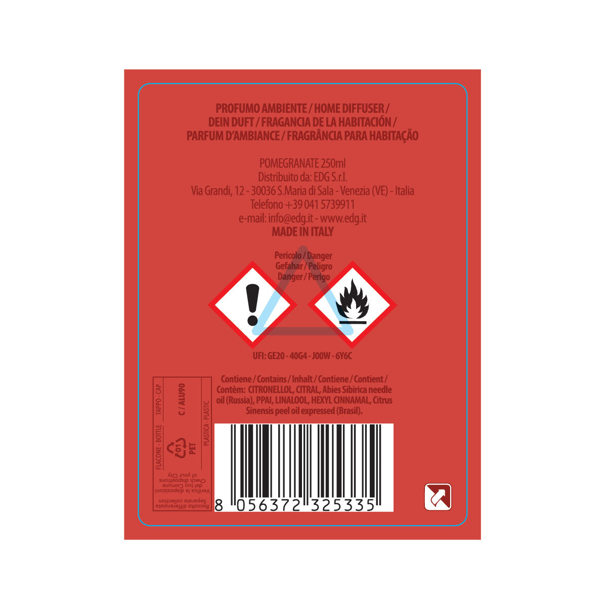 EDG Enzo De Gasperi Ricarica Refill Lux Profumatore Diffusore 250ml Melograno Pomegranate