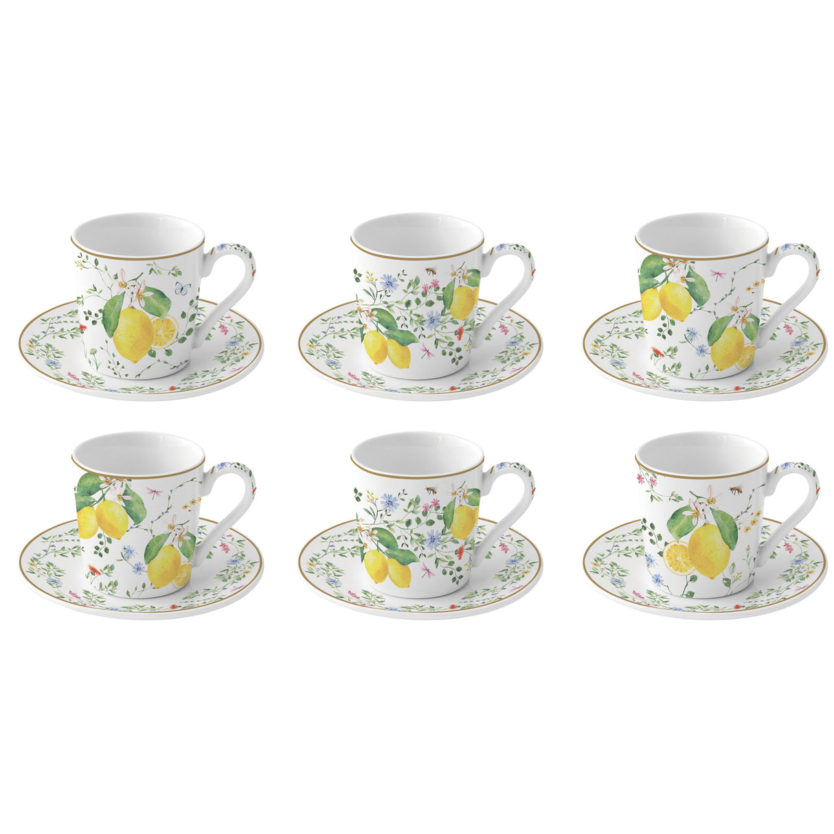 EASY LIFE Fleurs et Citrons Set 6 Tazzine Espresso con Piattini 100ml Porcellana