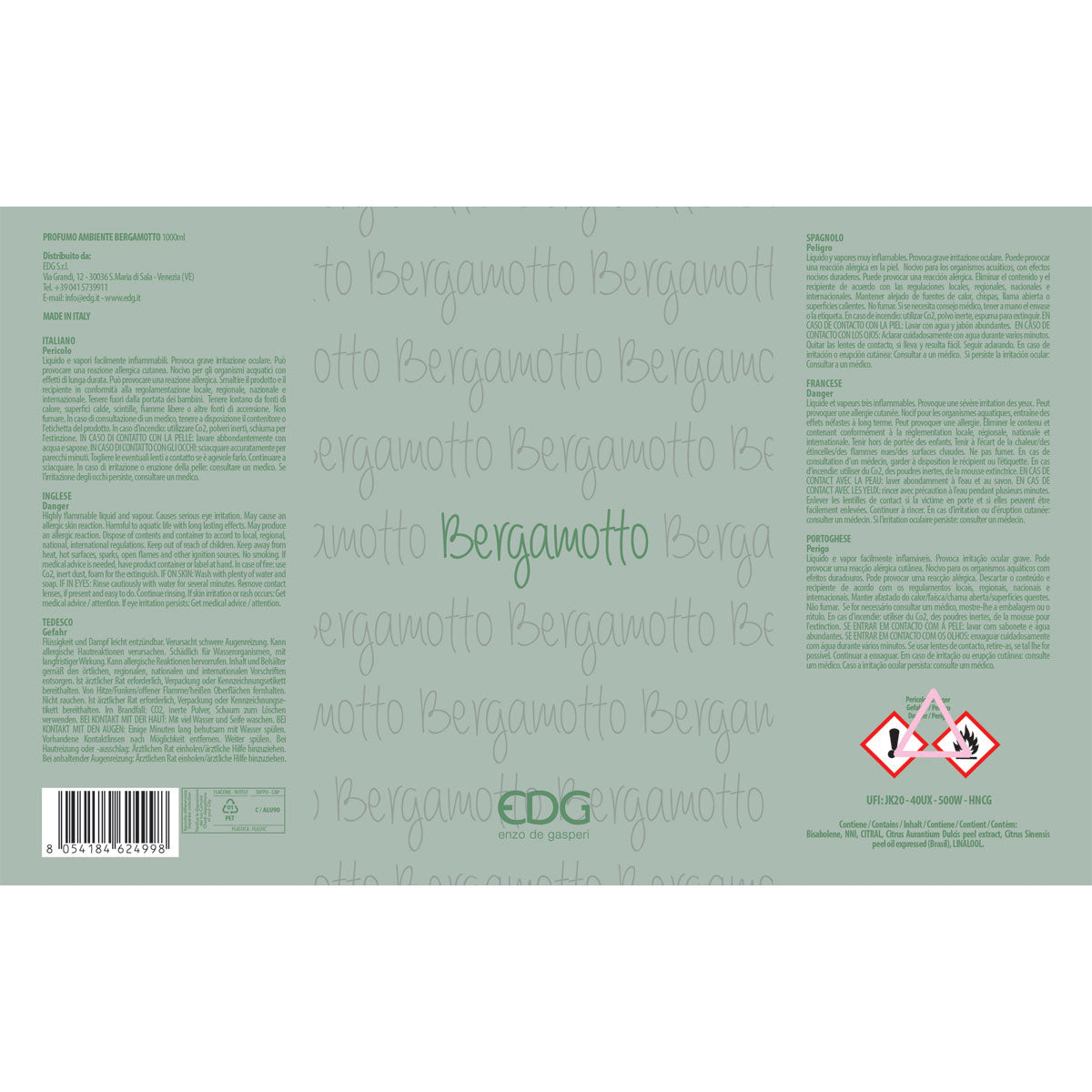 EDG Ricarica Refill Lux Profumatore Diffusore 1 Litro Bergamotto