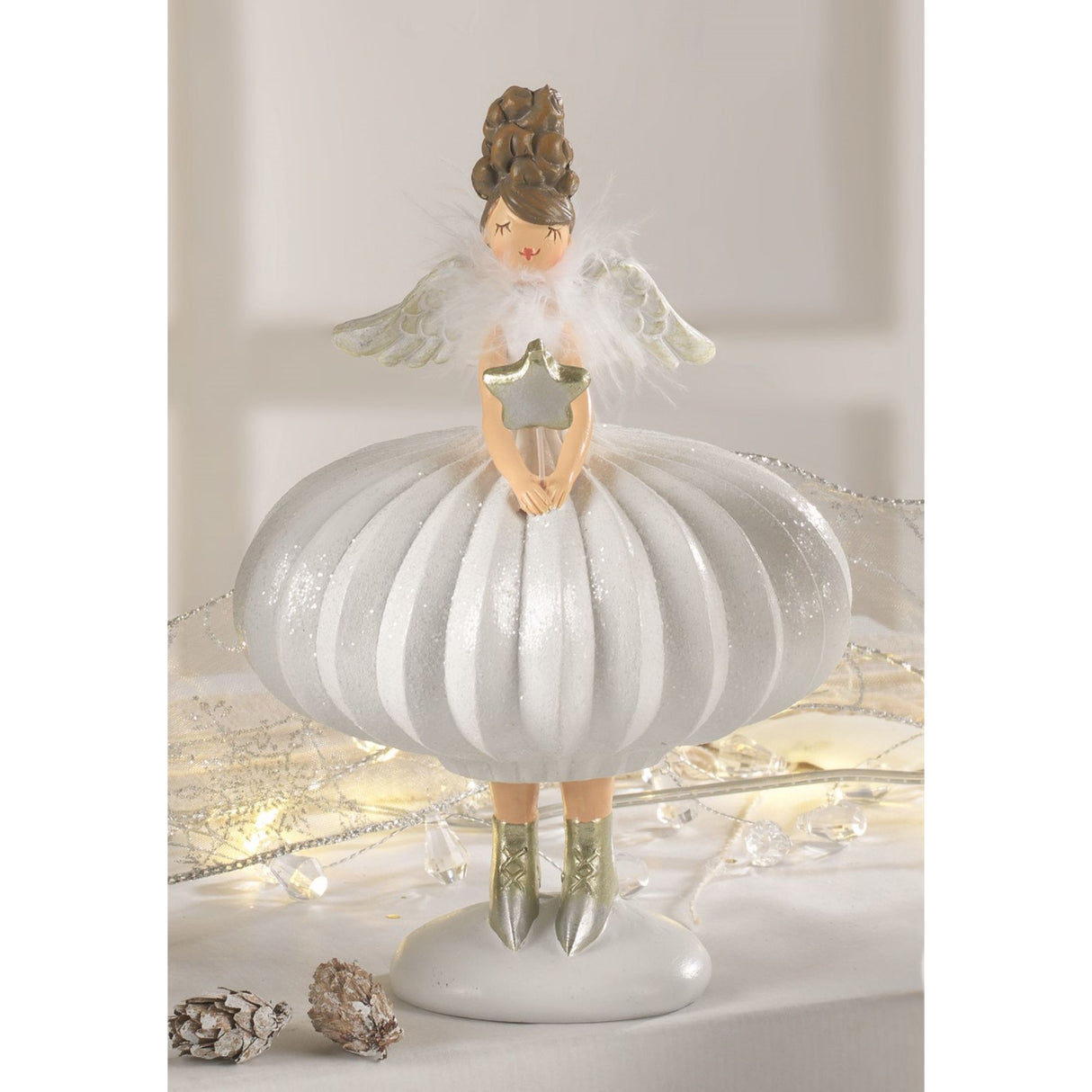MASCAGNI CASA - Angelo di Natale Bianco c/ Piume Decorazione Natalizia 18,5 cm Resina