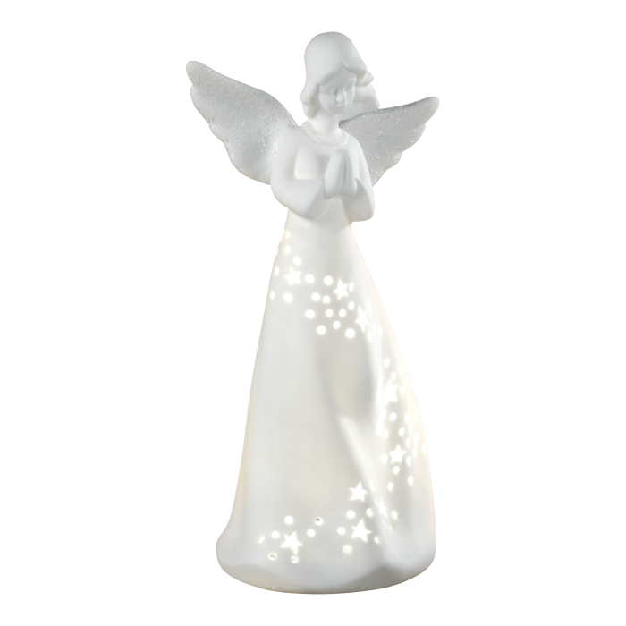 MASCAGNI CASA Angelo di Natale in Porcellana con LED 24cm Bianco