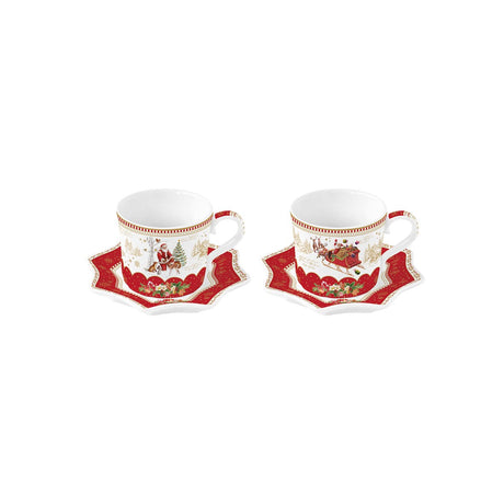EASY LIFE Christmas Memories Set 2 Tazzine Caffe con Piattino 120ml Porcellana Tavola di Natale