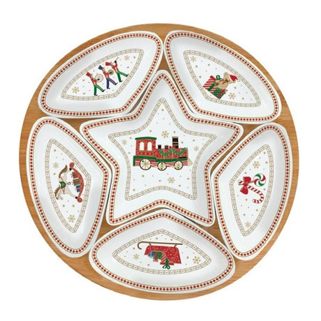 EASY LIFE Polar Express Set Aperitivo Antipastiera 25cm 6 Ciotoline Porcellana Base in Bamboo