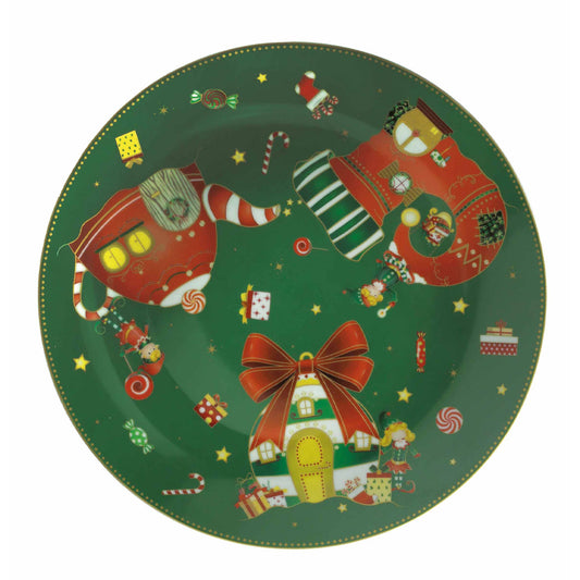 BRANDANI Piatto da Portata Elfomagia 30,5cm Verde Porcellana Tavola di Natale