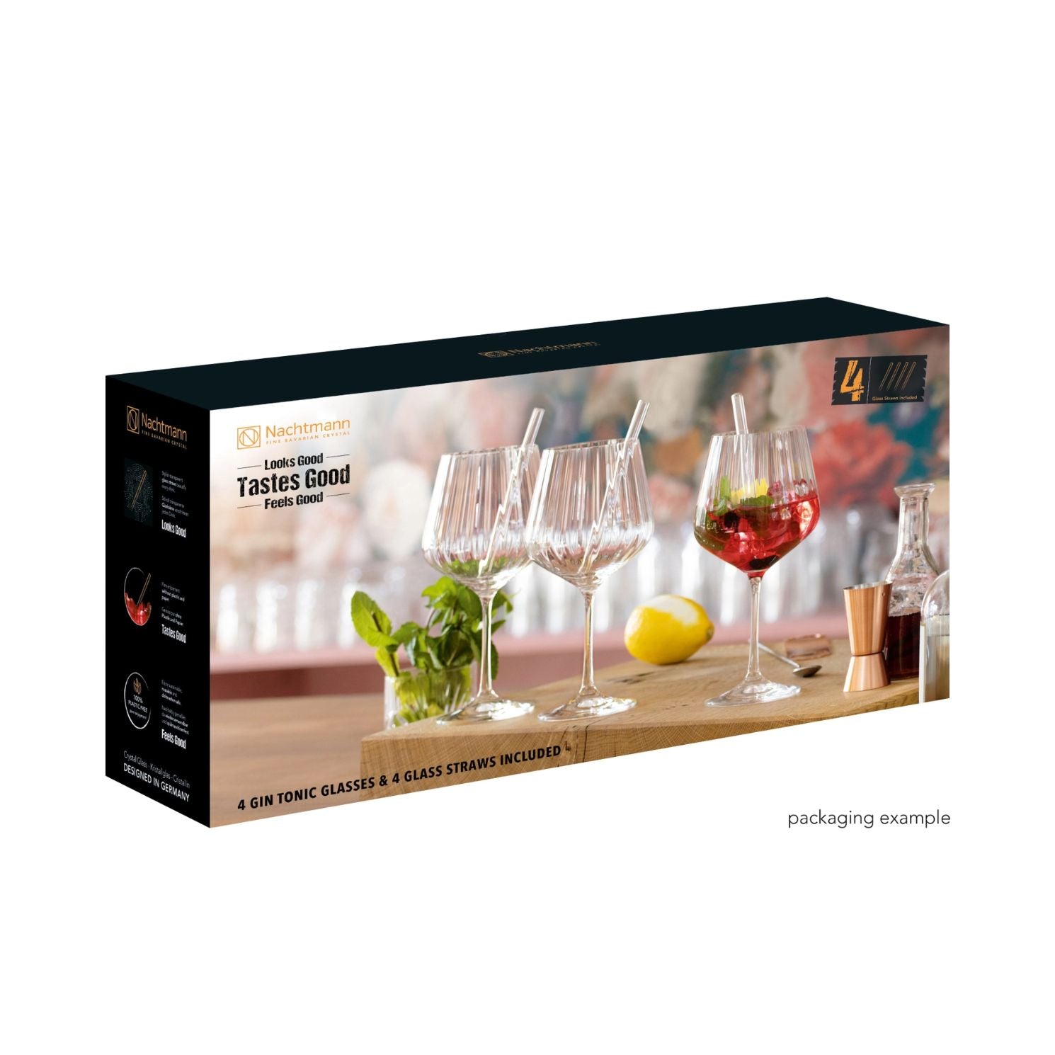 NACHTMANN Set 4 Calici Bicchieri Gin &amp; Tonic Cristallo 640ml con 4 Cannucce in Vetro