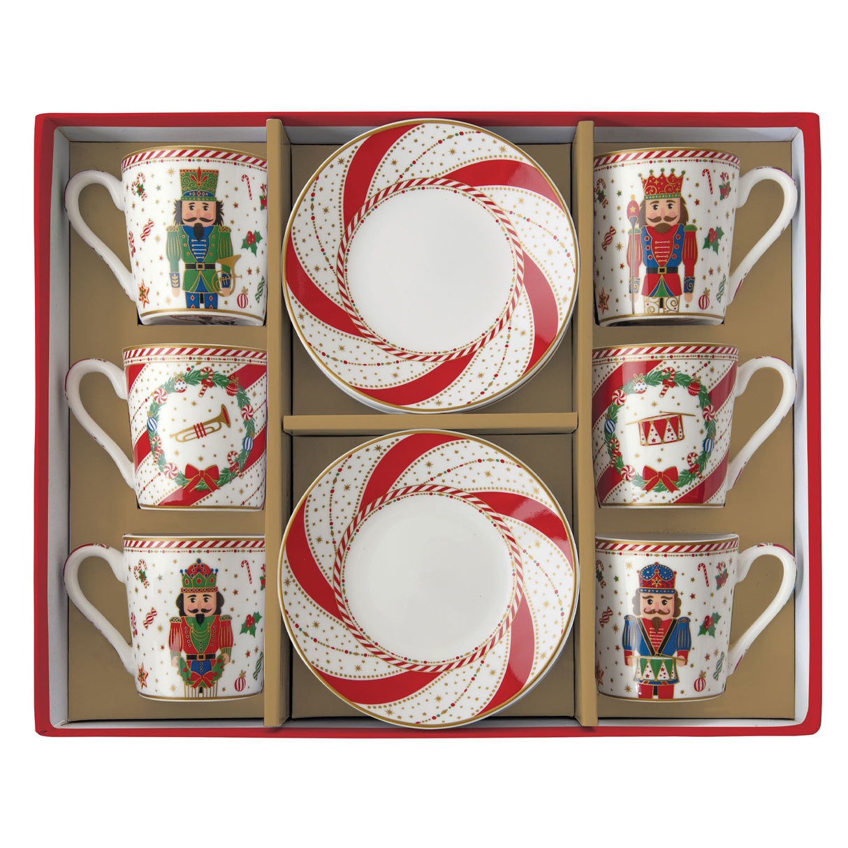 EASY LIFE Nutcracker Twist Set 6 Tazzine Caffe Espresso con Piattino 100ml Porcellana Tavola di Natale